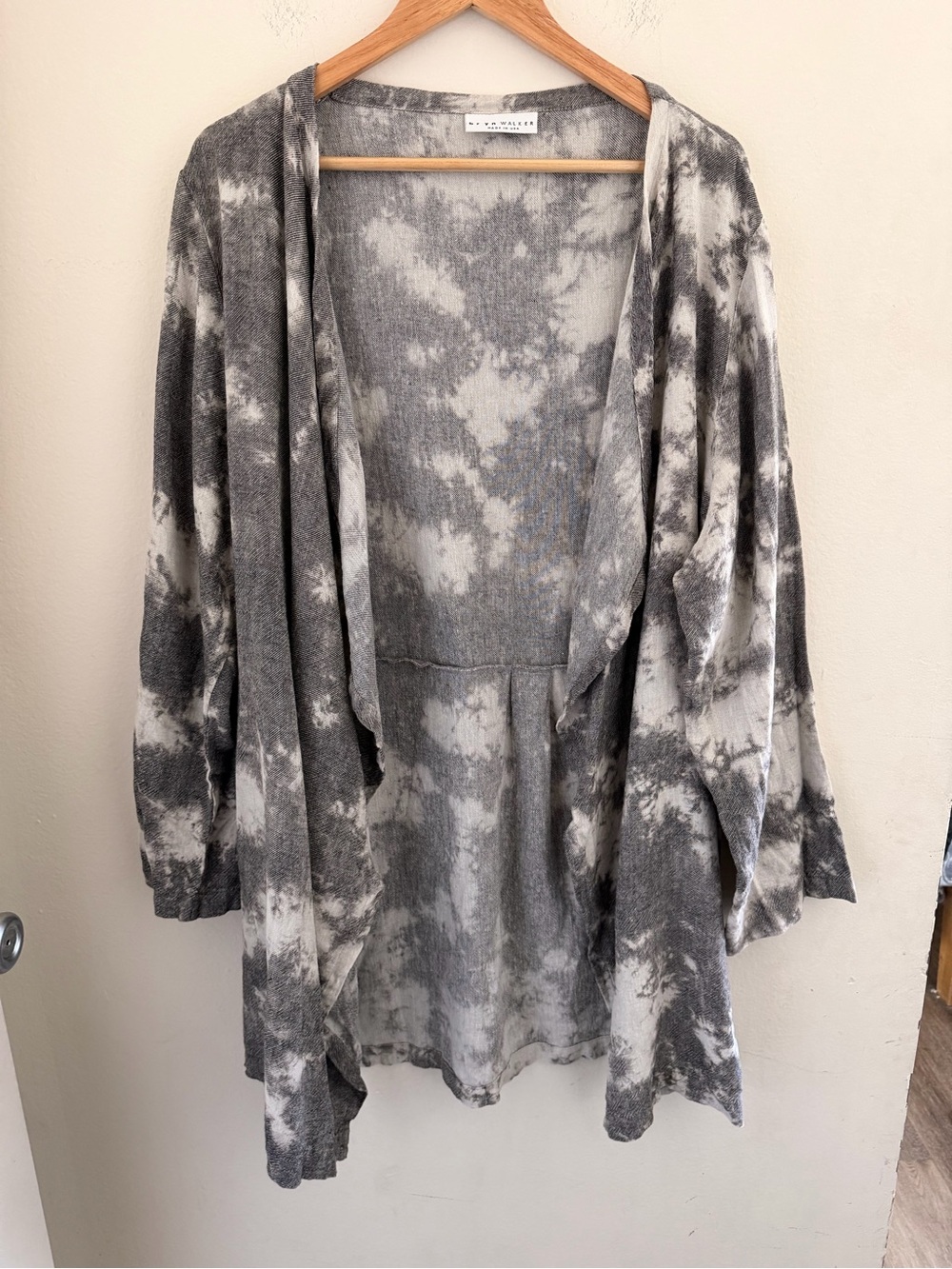 Bryn Walker Linen Tie Dye Open Front Draped Waterfall Cardigan Grey White XL
